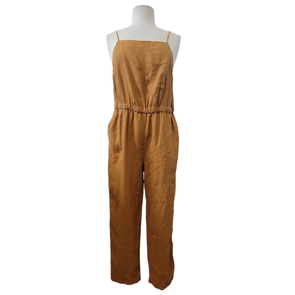 Everlane Linen Sleeveless Spaghetti Strap Open Back Mustard Orange Pant Jumpsuit